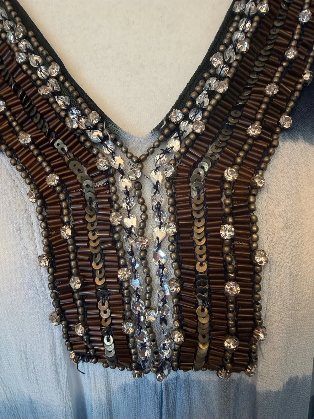 Michael Kors Navy, Light Blue and White Beaded V-Neck Blouse